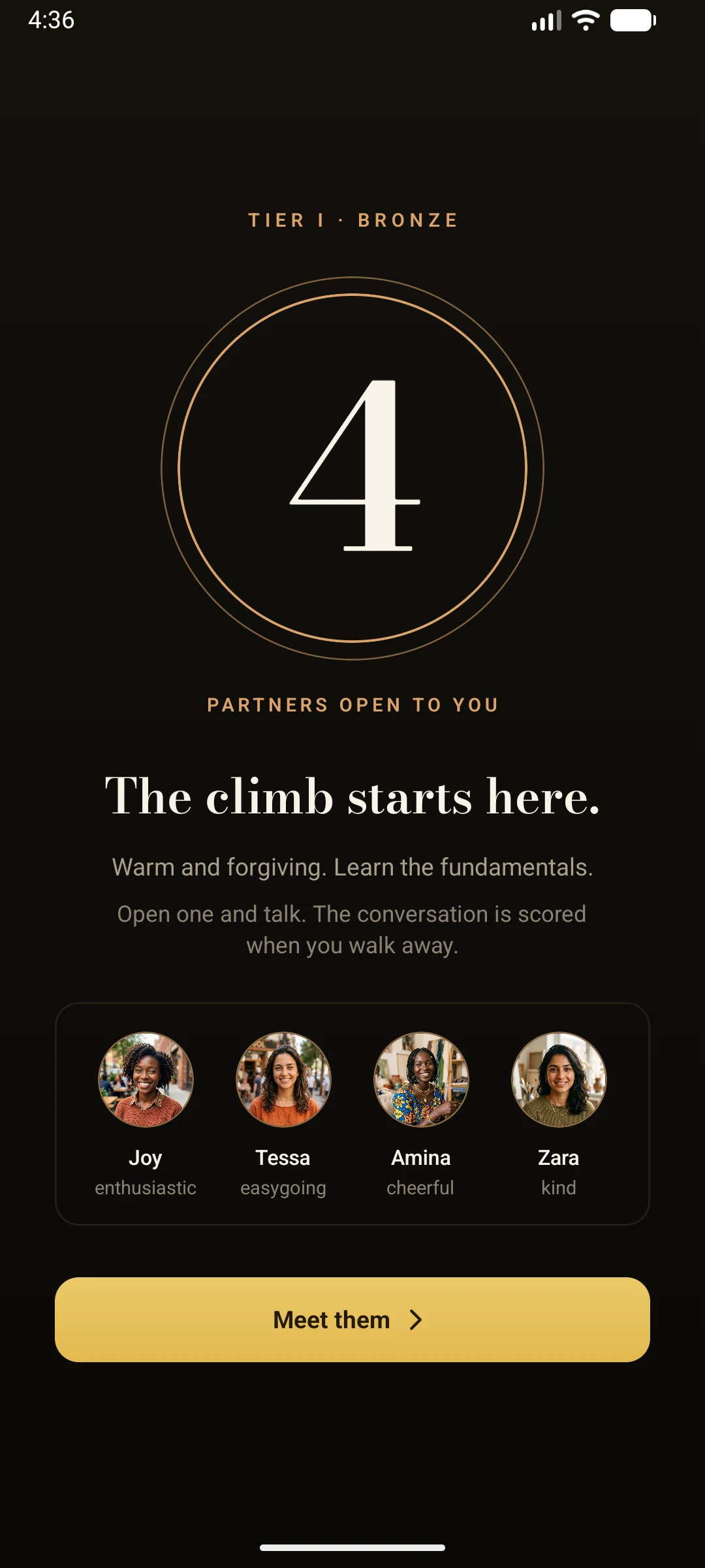 The Roster screen. Tier I, Bronze: four partners open to you, with the line The climb starts here.